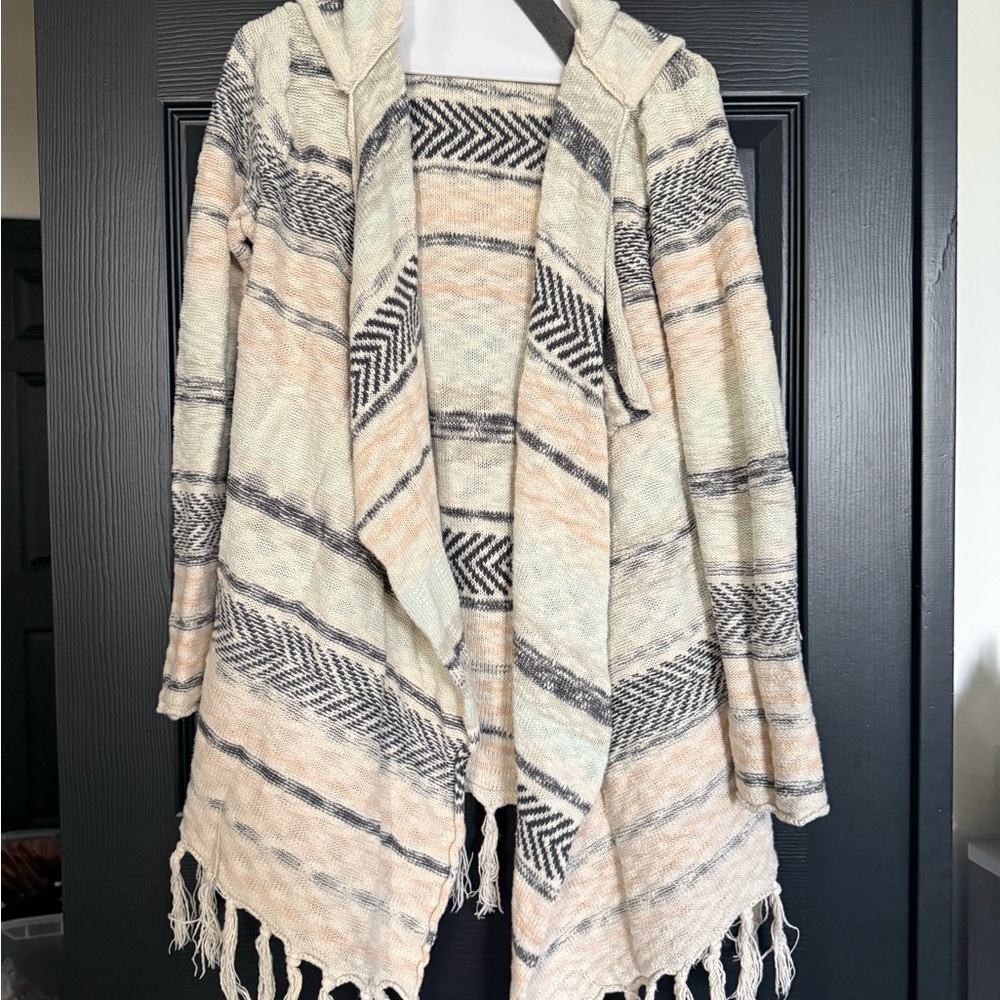 Rip Curl Hooded Fringe Cardigan - Cream and Black